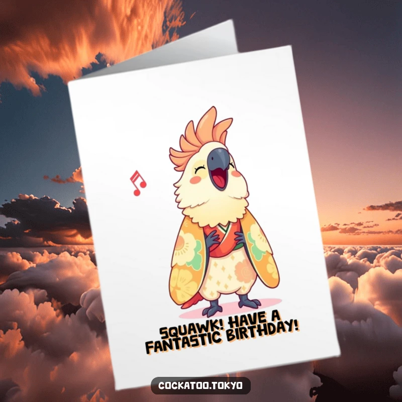 Funny Free Printable Birthday Card: Cute cockatoo in a vibrant kimono, happily singing with musical notes around it.
