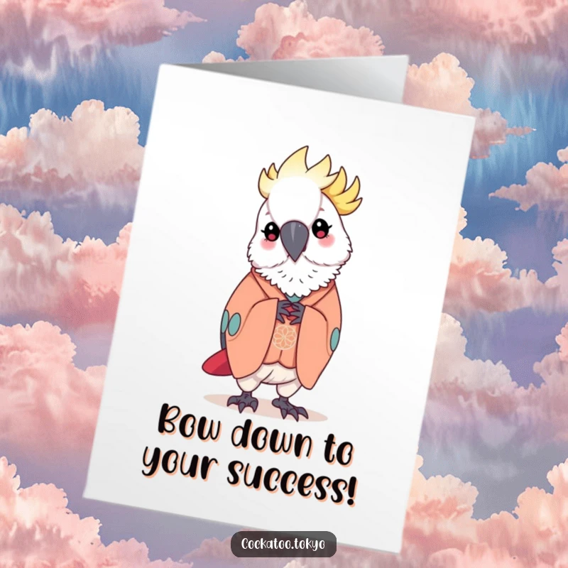 Funny Free Printable Congrats Card: Kawaii cockatoo in an elegant kimono, bowing gracefully with a sense of occasion.