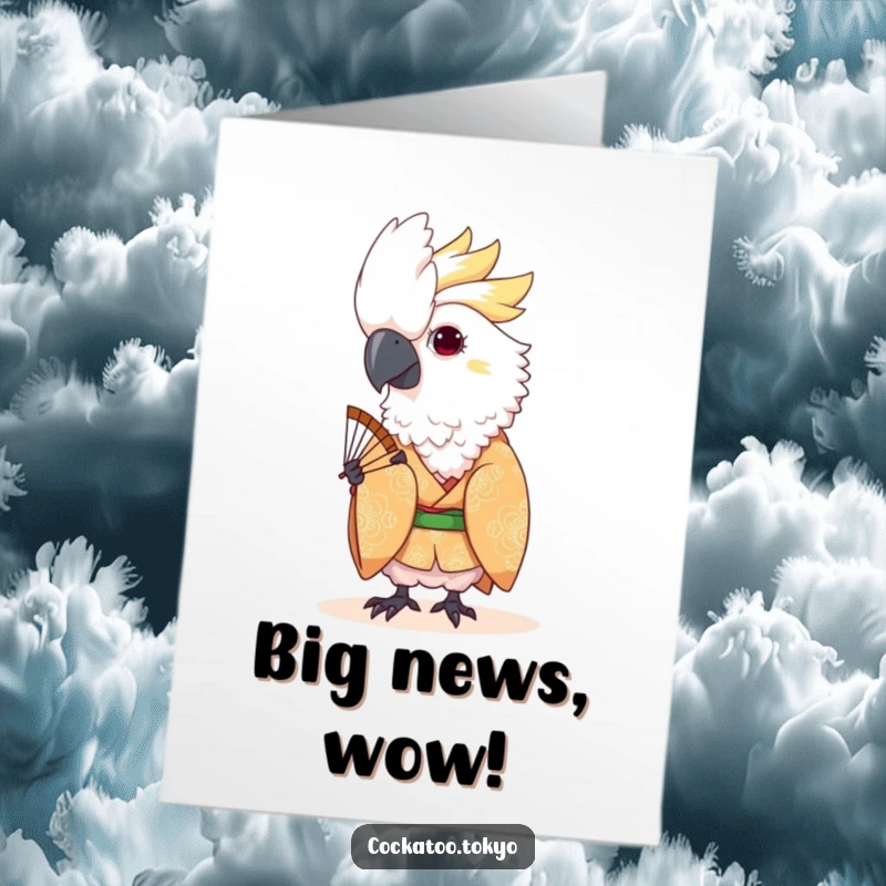 Funny Free Printable Congrats Card: A kawaii cockatoo in a patterned kimono playfully peeks from behind a fan, celebrating.