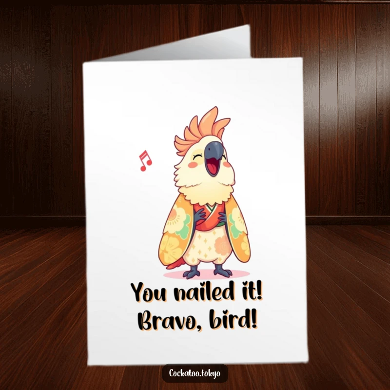 Funny Free Printable Congrats Card: A cute cockatoo in a vibrant kimono, singing joyfully with a confetti background.