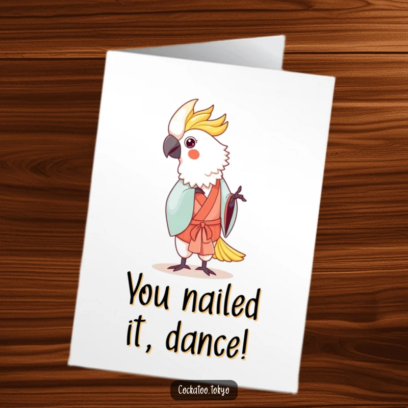 Funny Free Printable Congrats Card: A kawaii cockatoo in a traditional kimono performs a gentle dance in celebration.