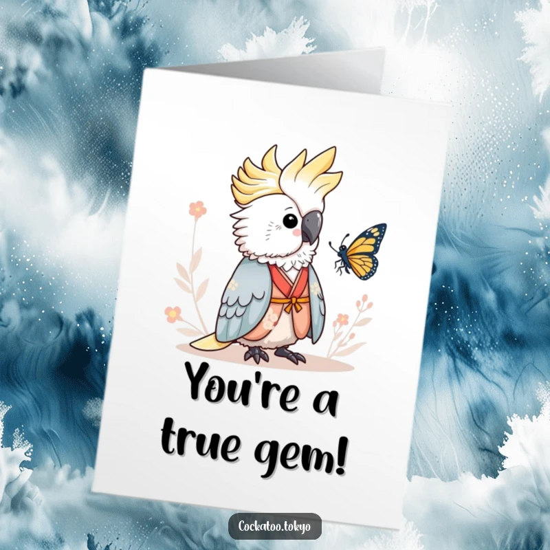 Funny Free Printable Congrats Card: Adorable cockatoo in a serene kimono, peacefully observing a delicate butterfly.