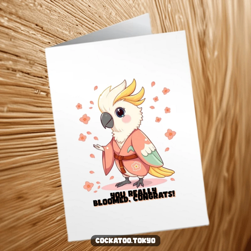 Funny Free Printable Congrats Card: Charming cockatoo in a flowing kimono, showering flower petals gracefully.