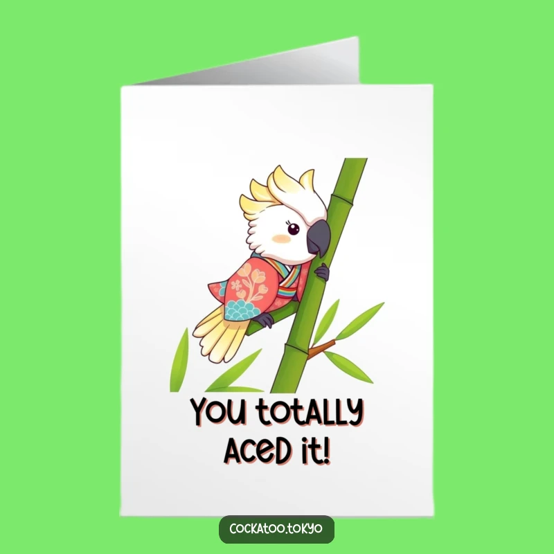 Free Printable Congrats Card: Kawaii Cockatoo Bamboo Slide - Funny Downloadable Celebration!