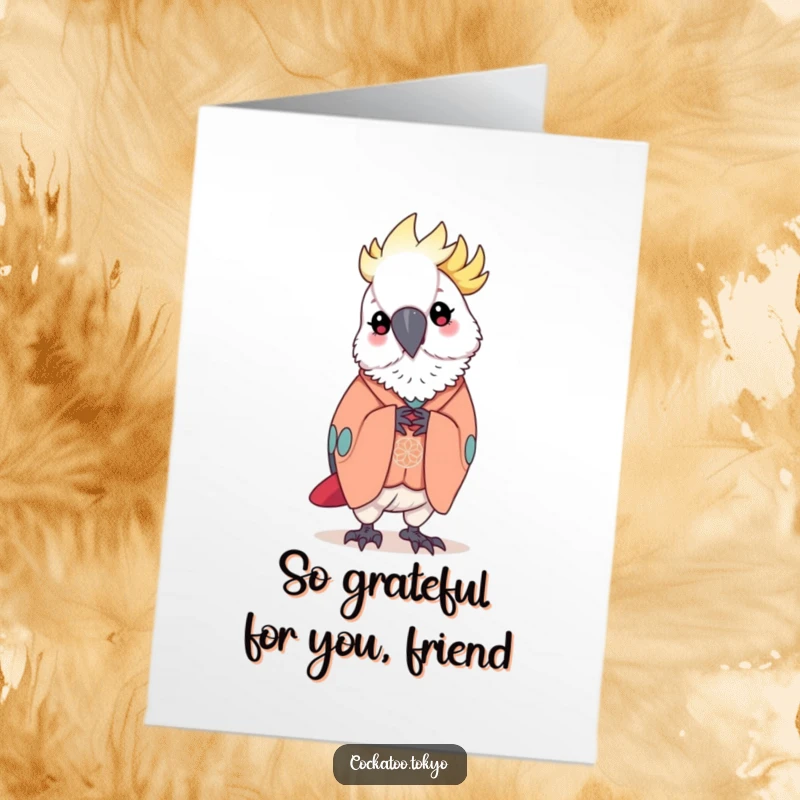 Funny Free Printable Thank You Card: Kawaii cockatoo in an elegant kimono, bowing with sincerity and grace.