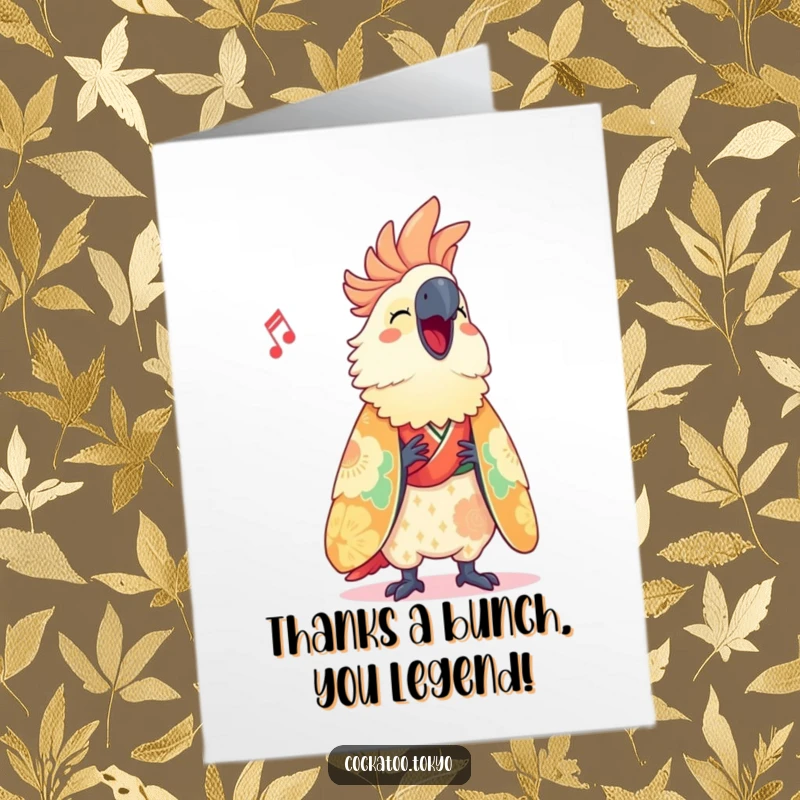Funny Free Printable Thank You Card: Cute cockatoo in a vibrant kimono, singing a song of thanks with a grateful expression.