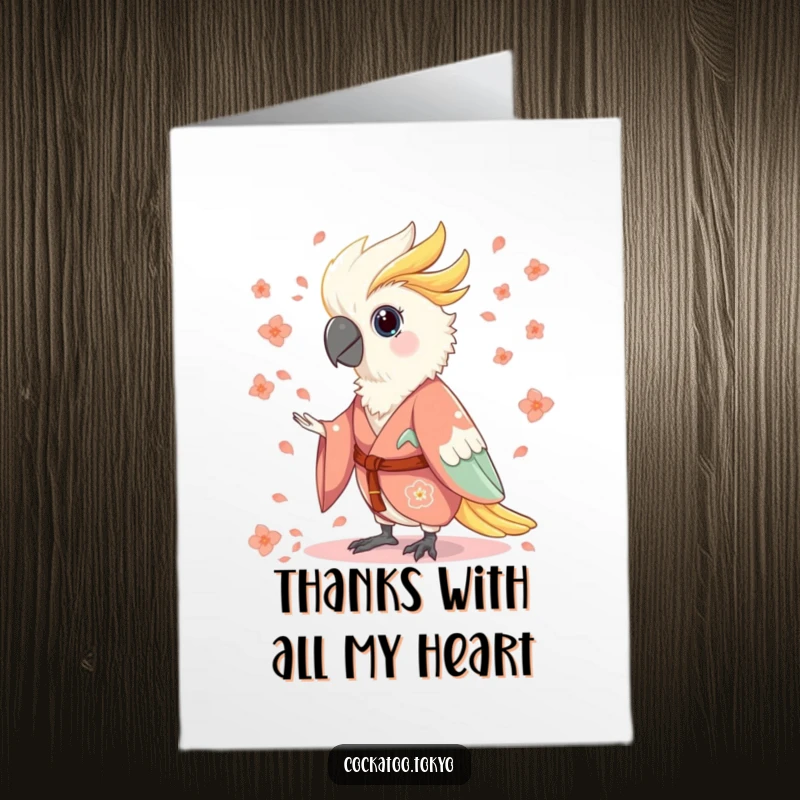 Funny Free Printable Thank You Card: Charming cockatoo in a flowing kimono, artfully throwing flower petals.