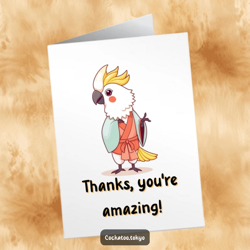 Funny Free Printable Thank You Card: A kawaii cockatoo in a traditional kimono performs a gentle dance, expressing thanks.