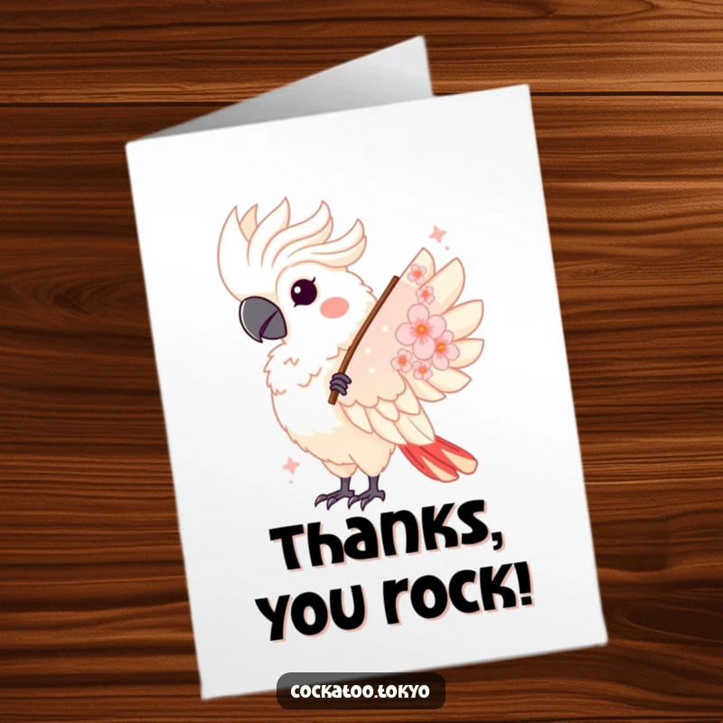 Funny Free Printable Thank You Card: A kawaii cockatoo twirls elegantly with a cherry blossom fan, saying thank you.