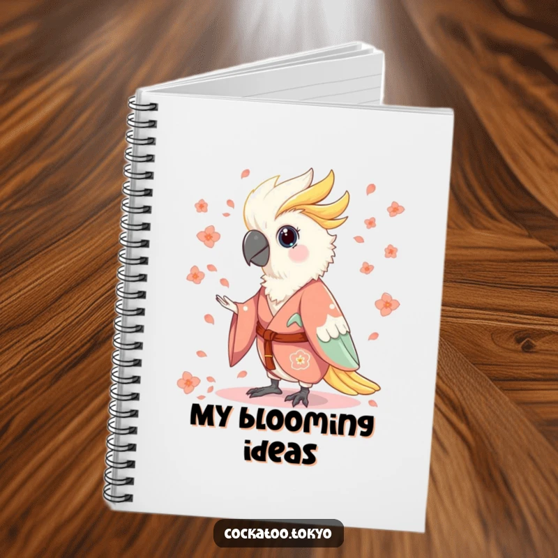 Funny Notebook featuring a charming cockatoo in a flowing kimono, humorously scattering flower petals, perfect for capturing whimsical thoughts and ideas.