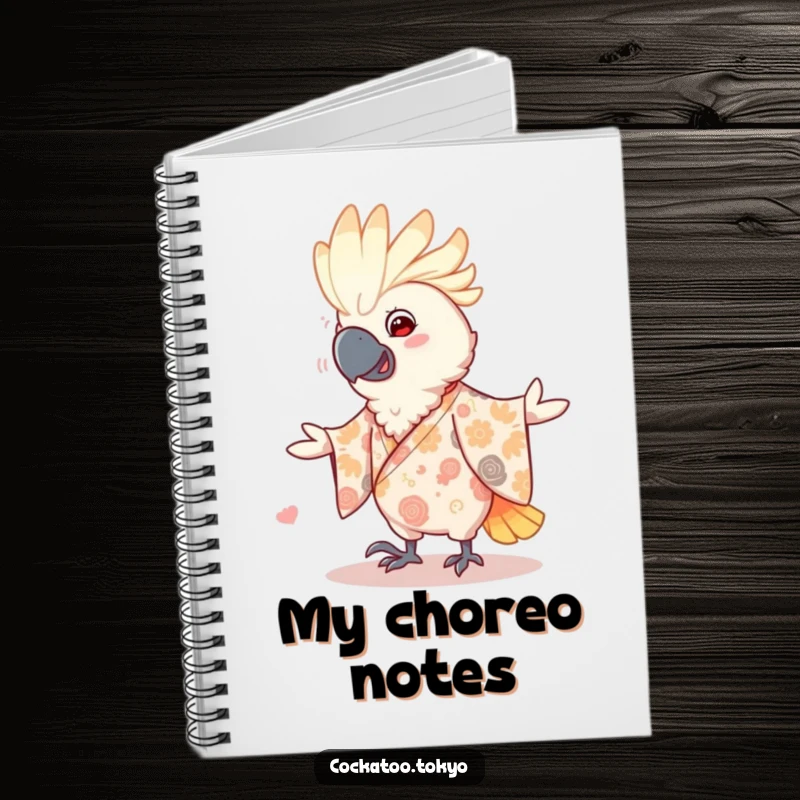 Funny Notebook featuring a smiling cockatoo in a patterned kimono, performing a cheerful dance, perfect for capturing fun ideas and notes.