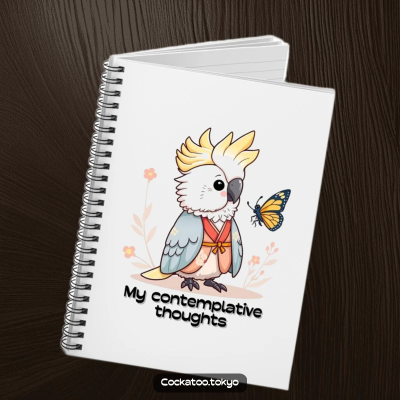Funny Notebook featuring an adorable cockatoo in a serene kimono, calmly watching a butterfly, perfect for jotting down peaceful thoughts and witty ideas.