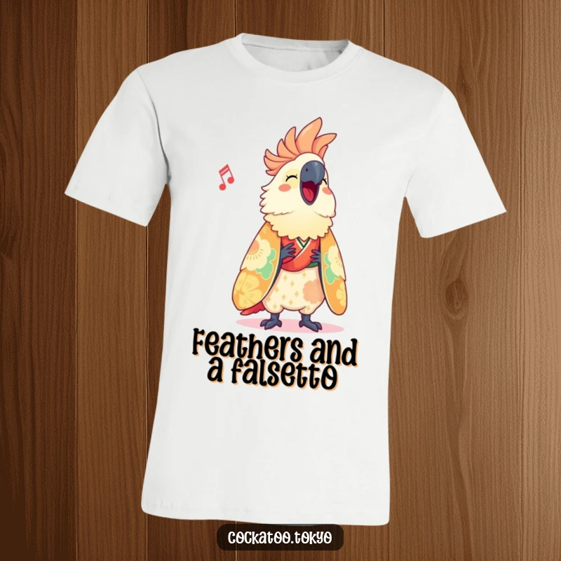 Funny T-Shirt showcasing a cute cockatoo in a vibrant kimono, joyfully singing with a passion for performance, a truly humorous design.