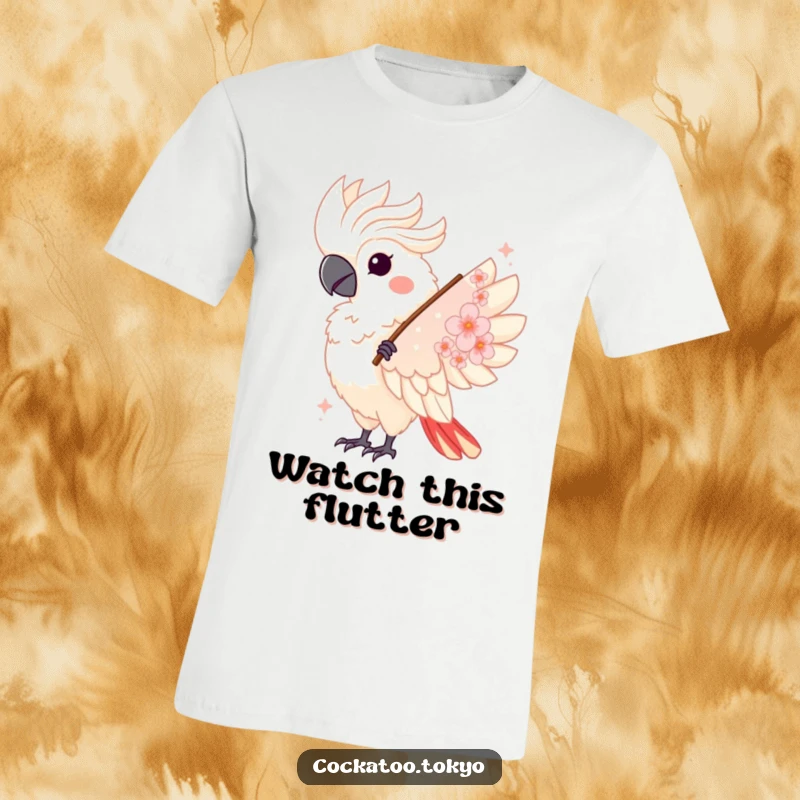 Funny Kawaii Cockatoo T-Shirt: Bird twirls elegantly with a cherry blossom fan, a humorous and chic design.