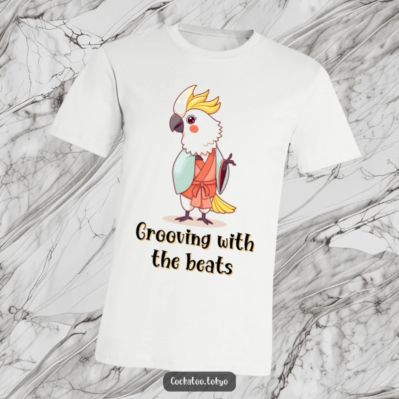 Funny Kawaii Cockatoo T-Shirt: Bird in traditional kimono dances gently, a design full of elegance and humor.