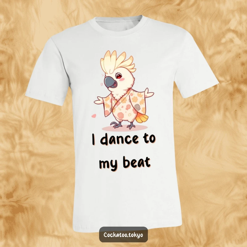 Funny T-Shirt depicting a smiling cockatoo in a patterned kimono, captured mid-dance with a happy expression, radiating infectious humor.