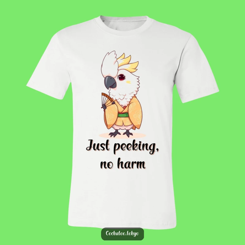 Funny Kawaii Cockatoo Fan Peek T-Shirt: Playful Kimono Humor Apparel