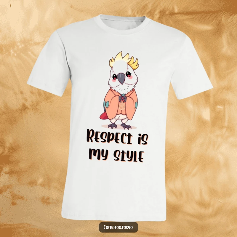 Funny T-Shirt showcasing a kawaii cockatoo in an elegant kimono, performing a graceful bow with impeccable manners, a humorous depiction.
