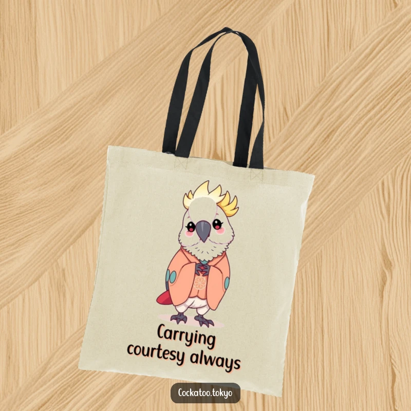 Funny Tote Bag adorned with a kawaii cockatoo in an elegant kimono, performing a graceful bow, a chic and humorous carry-all.