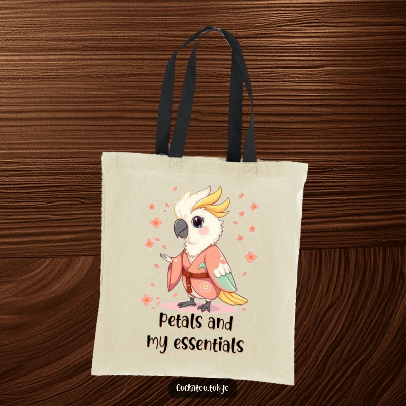 Funny Tote Bag showcasing a charming cockatoo in a flowing kimono, playfully throwing flower petals, perfect for carrying items with whimsical flair.