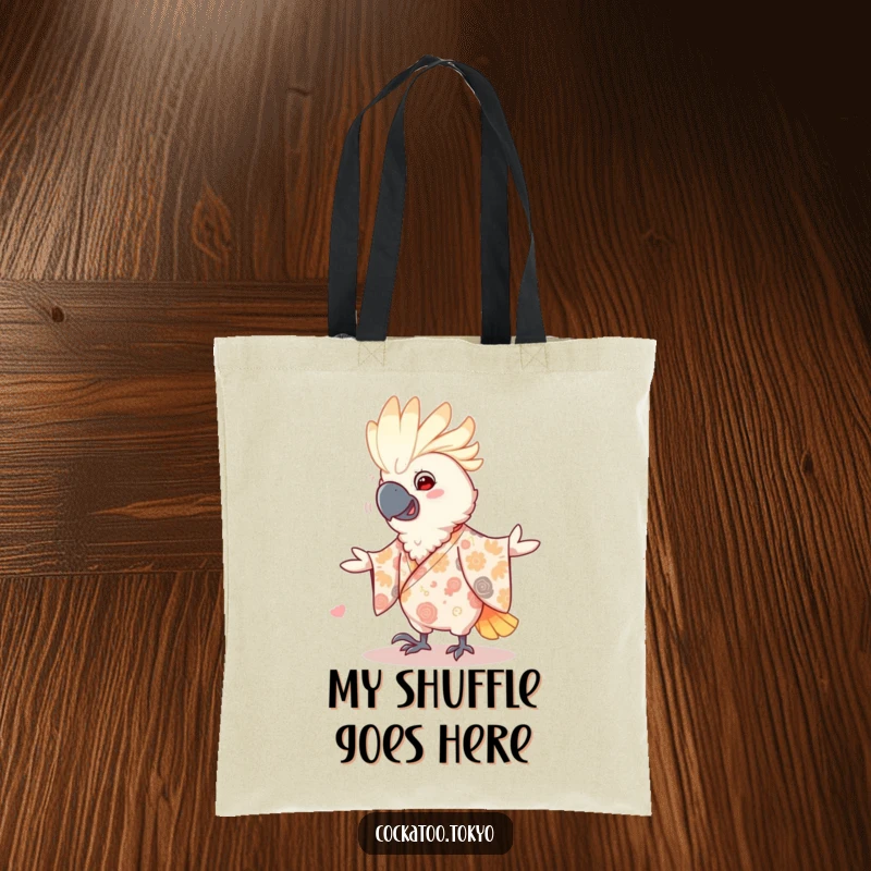 Funny Tote Bag showcasing a smiling cockatoo in a patterned kimono, doing a lively dance, perfect for carrying essentials with playful flair.