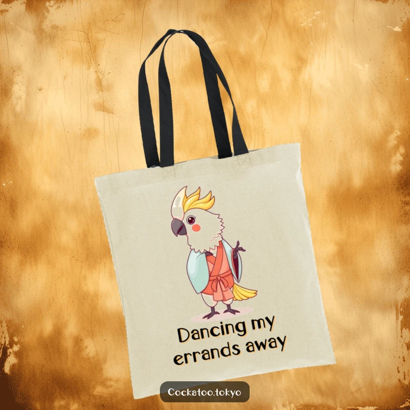 Funny Kawaii Cockatoo Tote Bag: Bird in traditional kimono dances gently, an elegant and humorous carry-all.