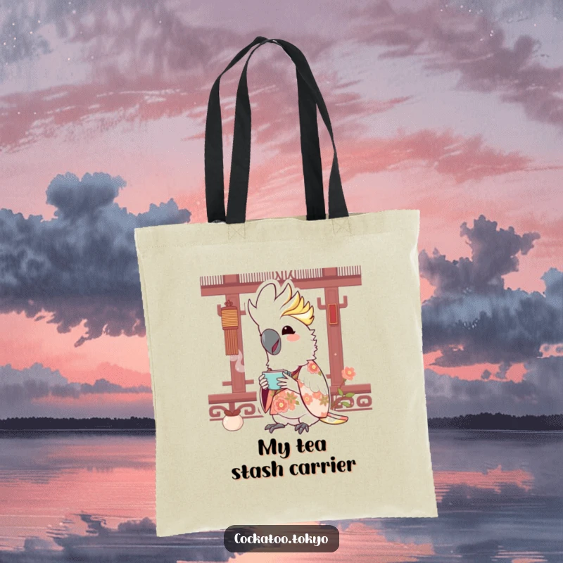 Funny Kawaii Cockatoo Tote Bag: Bird in floral kimono sips tea, a joyful and practical accessory.