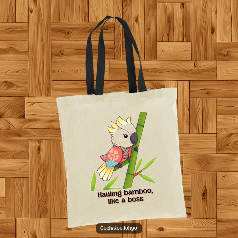 Funny Kawaii Cockatoo Tote Bag: Bird in a kimono slides bamboo, a stylish and humorous carry-all.